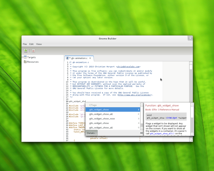 Пользовательский интерфейс Gnome Builder
